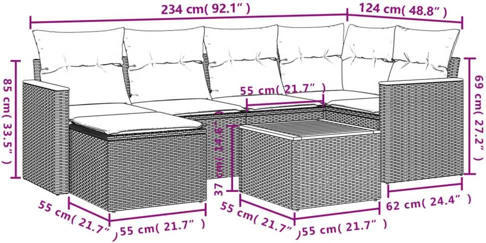 Sofa Sofos komplektas su pagalvėlėmis, 7 dalių, smėlio, poliratanas