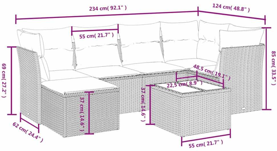Sofa Sofos komplektas su pagalvėlėmis, 7 dalių, smėlio, poliratanas