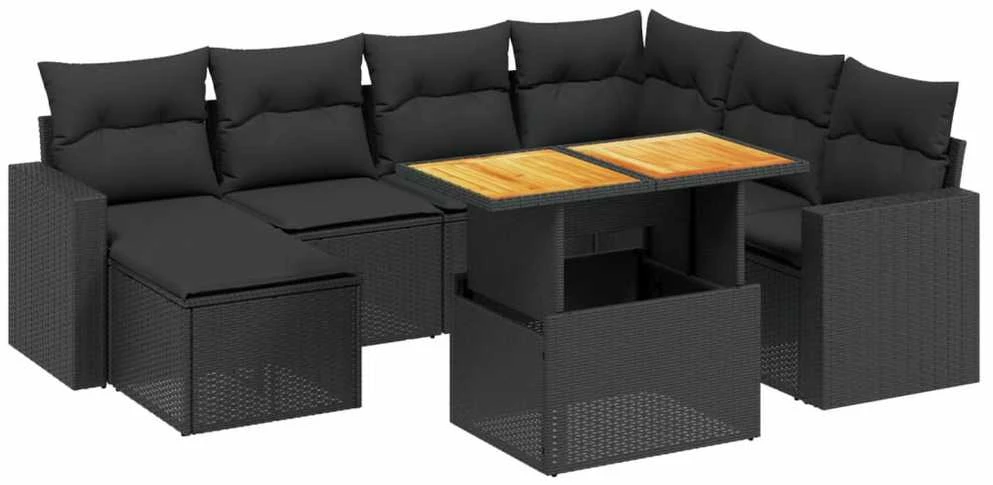 Lauko baldų komplektas Sofos komplektas su pagalvėlėmis, 8 dalių, juodas, poliratanas