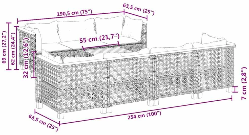 Lauko baldų komplektas Sofos komplektas su pagalvėlėmis, 8 dalių, juodas, poliratanas