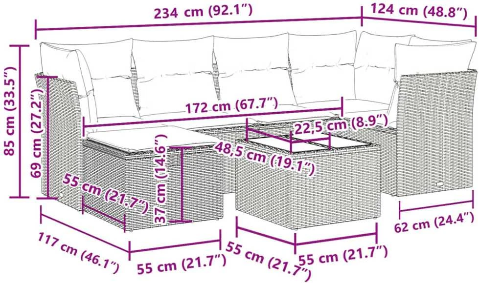 Lauko baldų komplektas Sofos komplektas su pagalvėlėmis, 7 dalių, smėlio, poliratanas