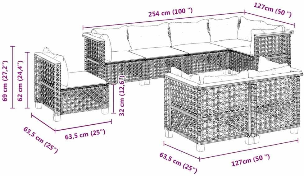 Lauko baldų komplektas Sofos komplektas su pagalvėlėmis, 8 dalių, juodas, poliratanas