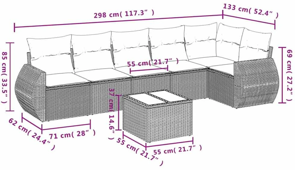Lauko baldų komplektas Sofos komplektas su pagalvėlėmis, 7 dalių, pilkas, poliratanas
