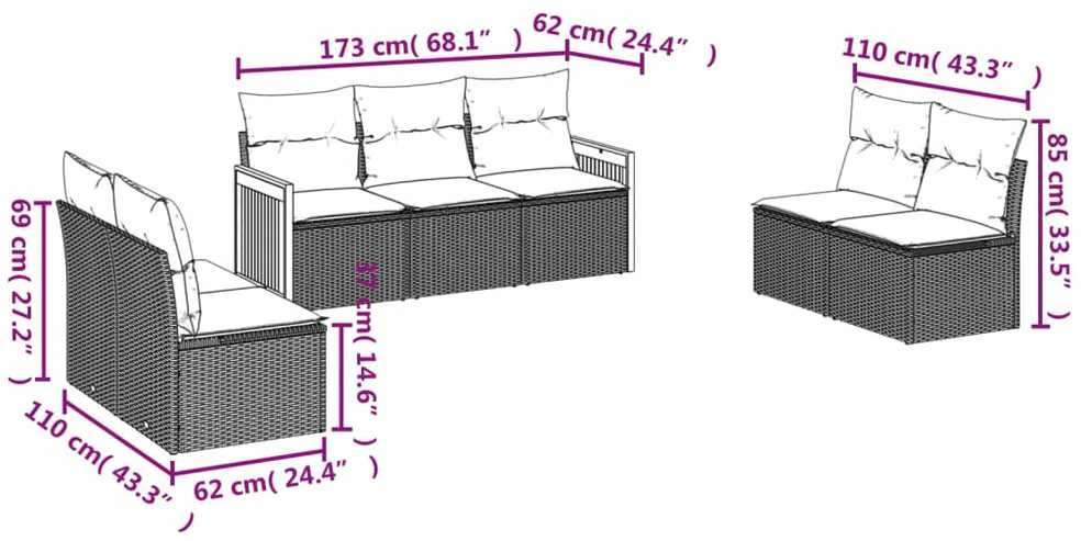 Lauko baldų komplektas Sofos komplektas su pagalvėlėmis, 7 dalių, juodas, poliratanas
