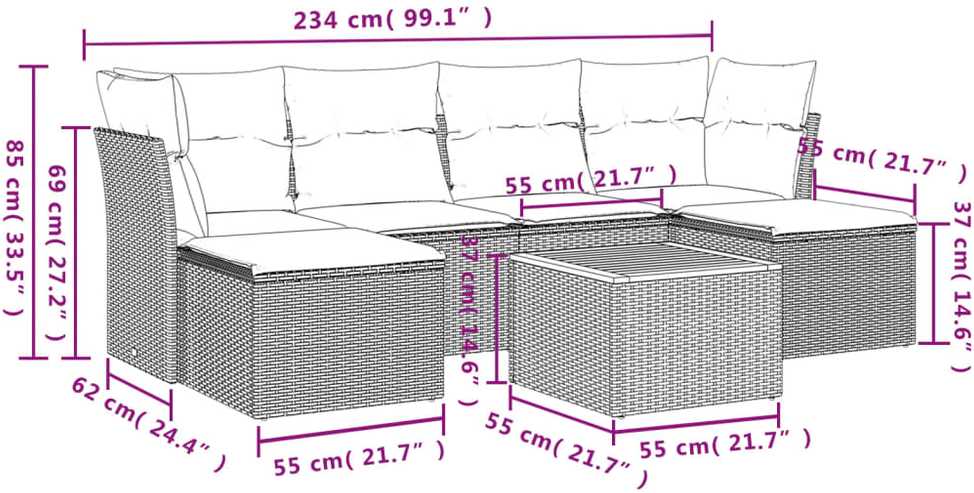 Lauko baldų komplektas Sofos komplektas su pagalvėlėmis, 7 dalių, smėlio, poliratanas