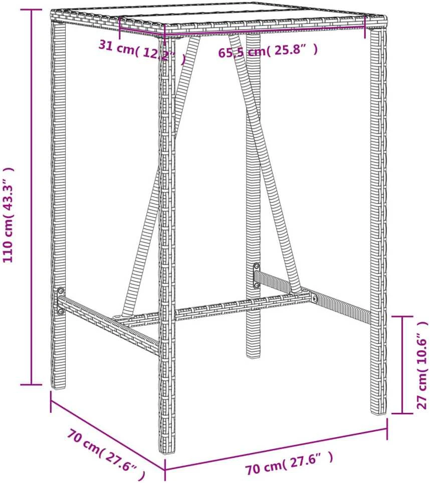 Lauko baro stalas, rudos spalvos, 70x70x110cm, poliratanas