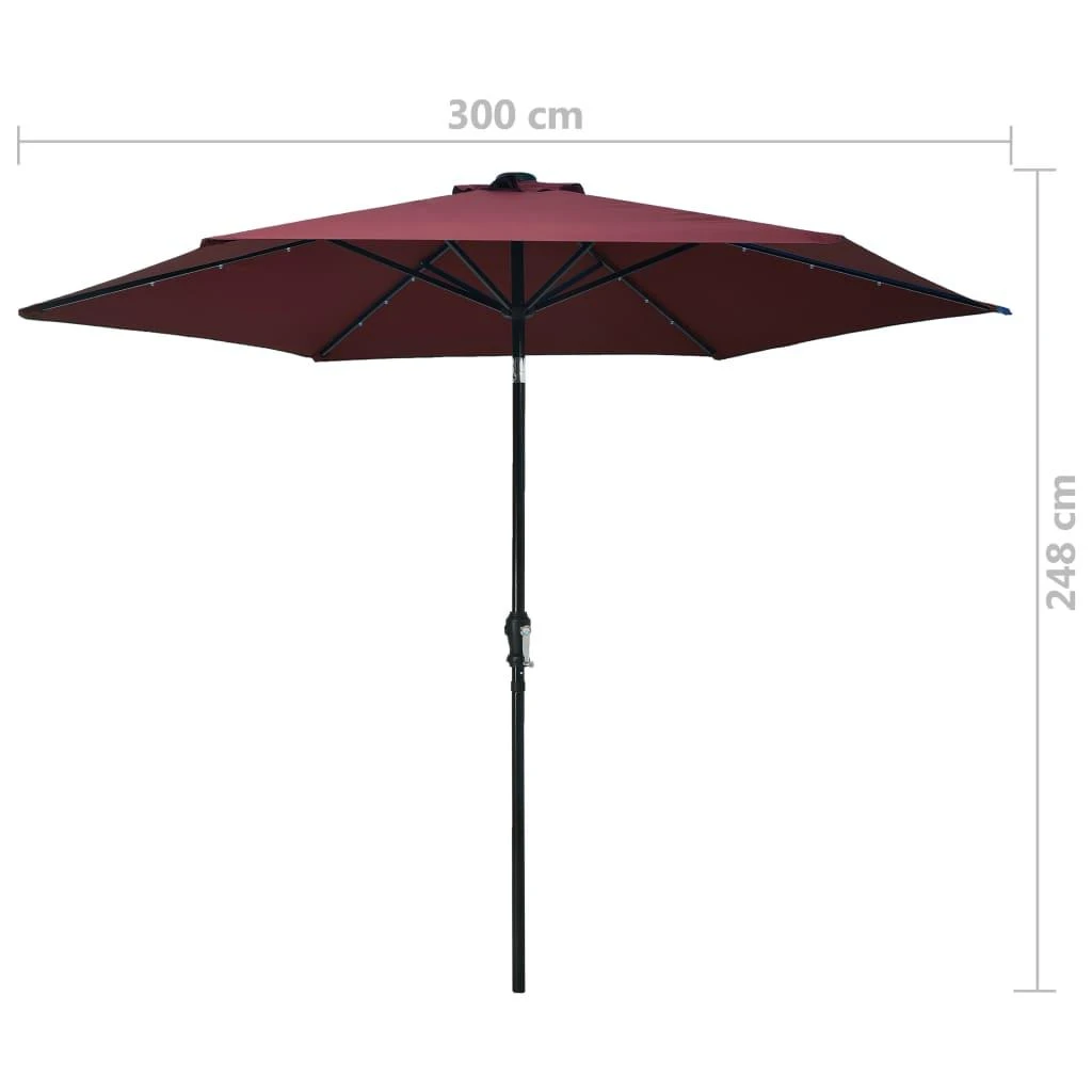 Sodo skėtis su LED ir plieniniu stulpu, tamsiai raudonas, 300cm