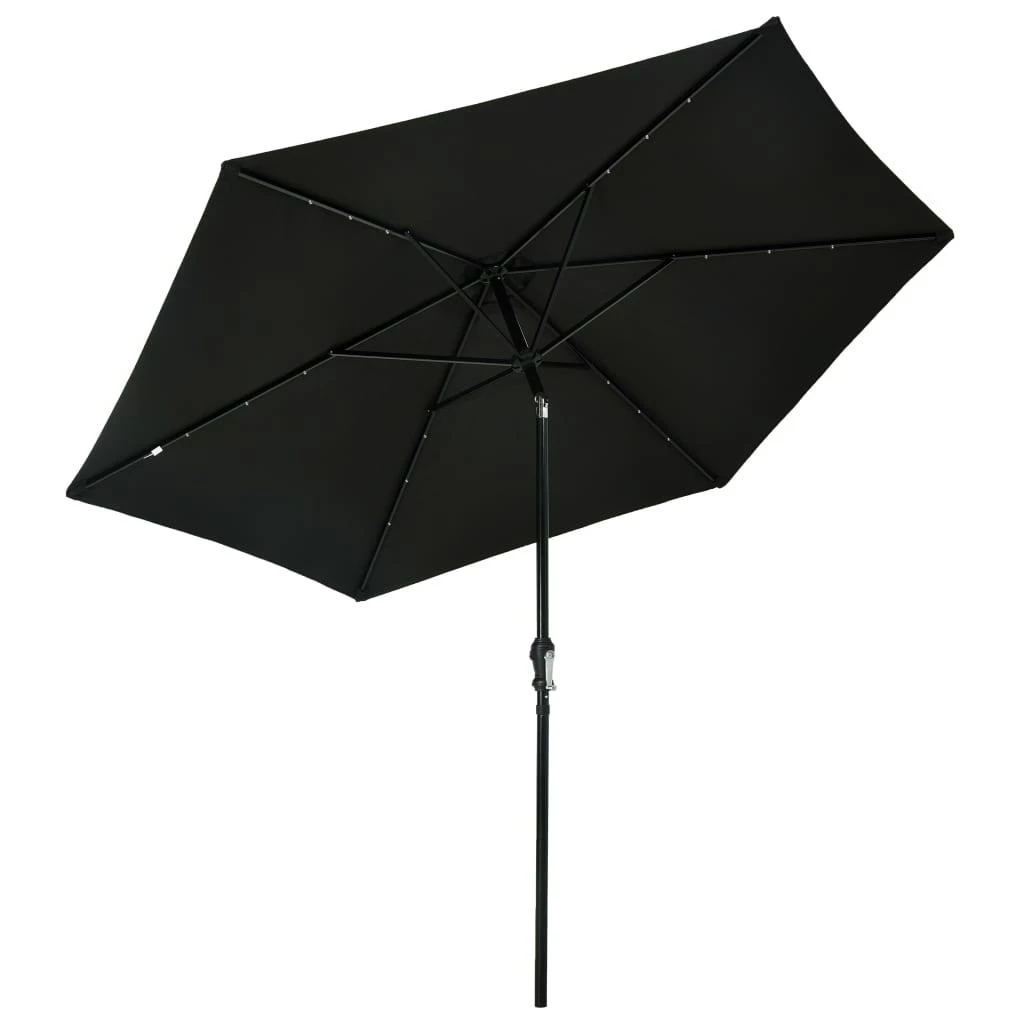 Lauko skėtis su LED ir plieniniu stulpu, juodas, 300cm