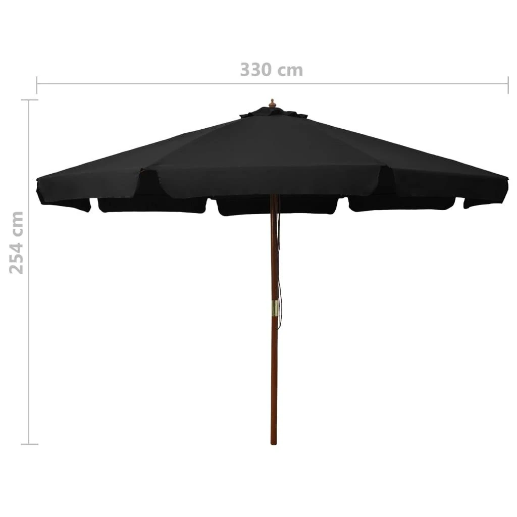 Lauko skėtis nuo saulės su mediniu stulpu, juodas, 330cm