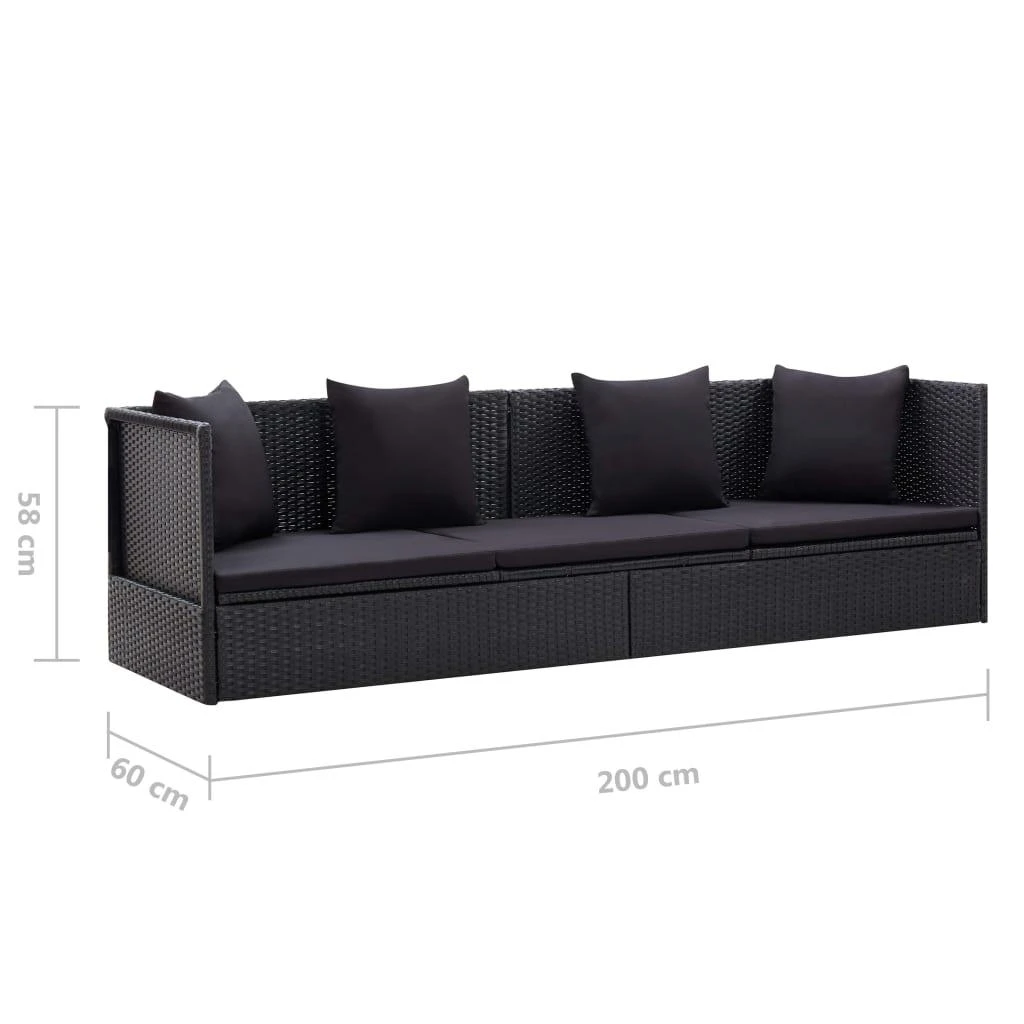Sodo sofa su pagalvėlėmis ir pagalvėmis, juoda, poliratanas