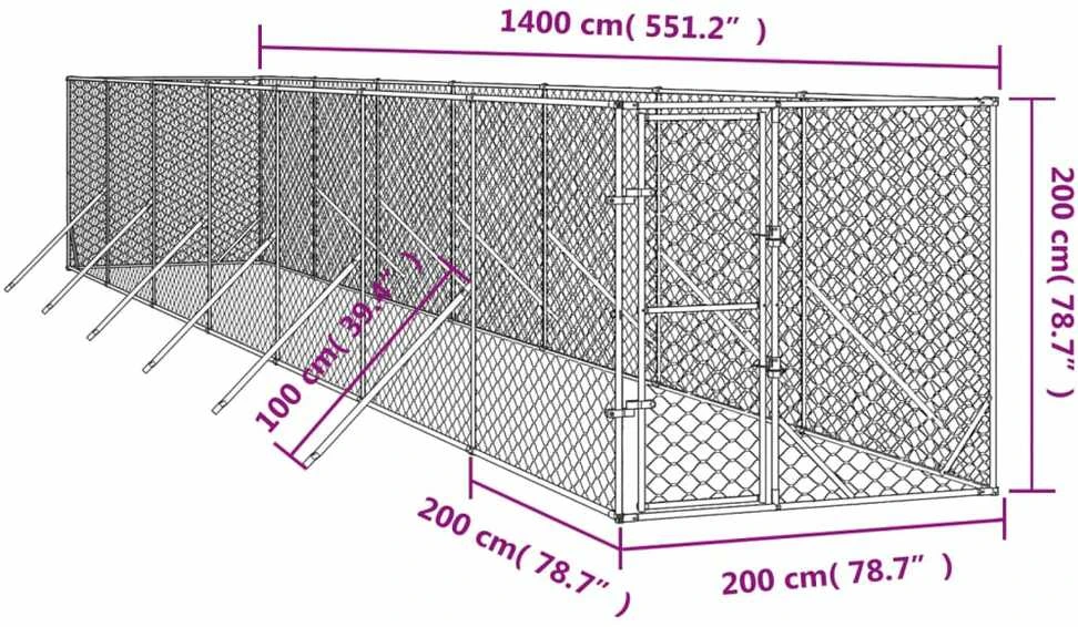 Lauko voljeras šunims, sidabrinis, 2x14x2m, plienas