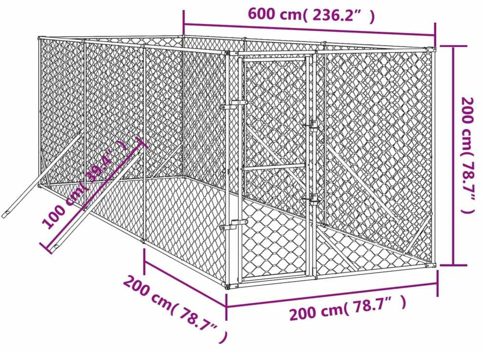 Lauko voljeras šunims, sidabrinis, 2x6x2m, plienas