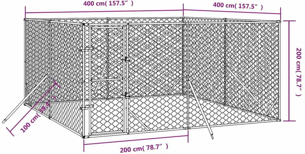 Lauko voljeras šunims, sidabrinis, 4x4x2m, plienas