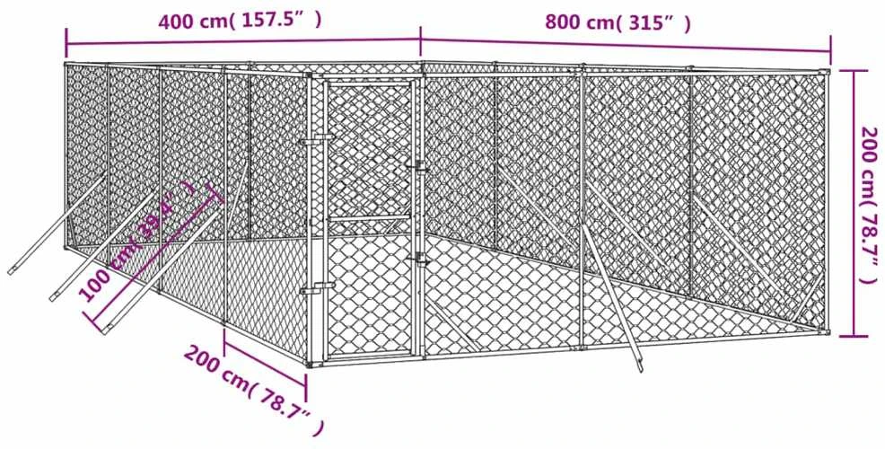 Lauko voljeras šunims, sidabrinis, 4x8x2m, plienas