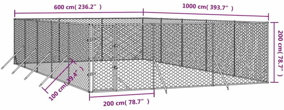Lauko voljeras šunims, sidabrinis, 6x10x2m, plienas