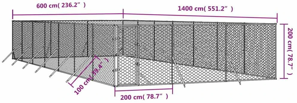 Lauko voljeras šunims, sidabrinis, 6x14x2m, plienas