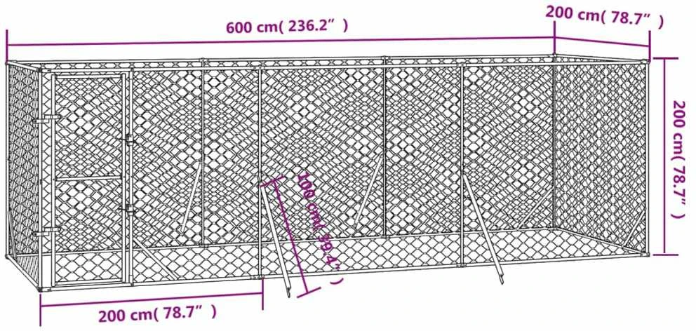 Lauko voljeras šunims, sidabrinis, 6x2x2m, plienas