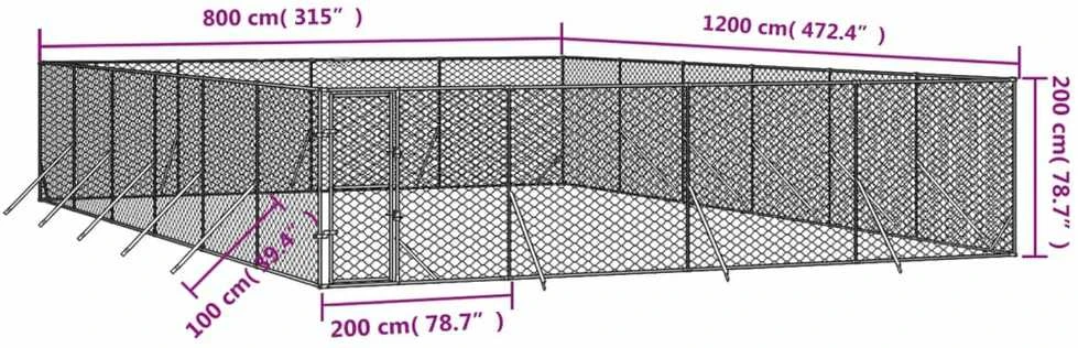 Lauko voljeras šunims, sidabrinis, 8x12x2m, plienas