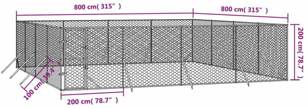 Lauko voljeras šunims, sidabrinis, 8x8x2m, plienas