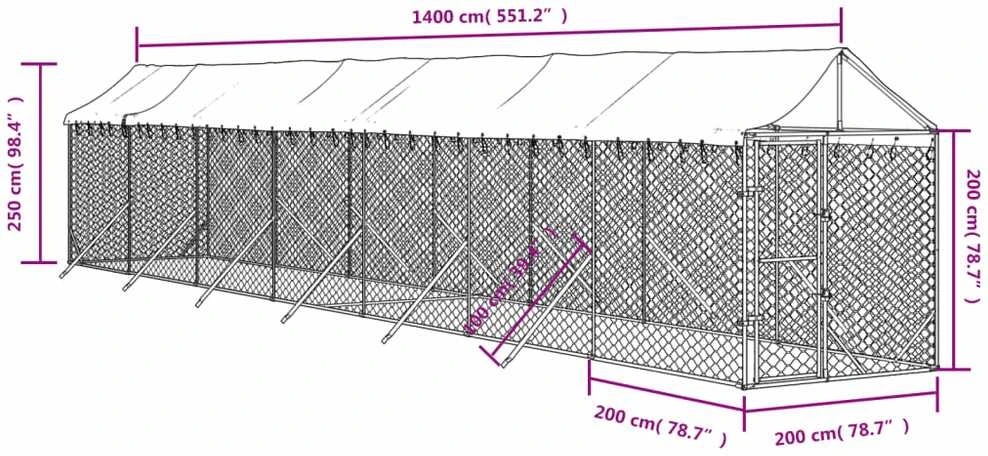 Lauko voljeras šunims su stogu, sidabrinis, 2x14x2,5m, plienas