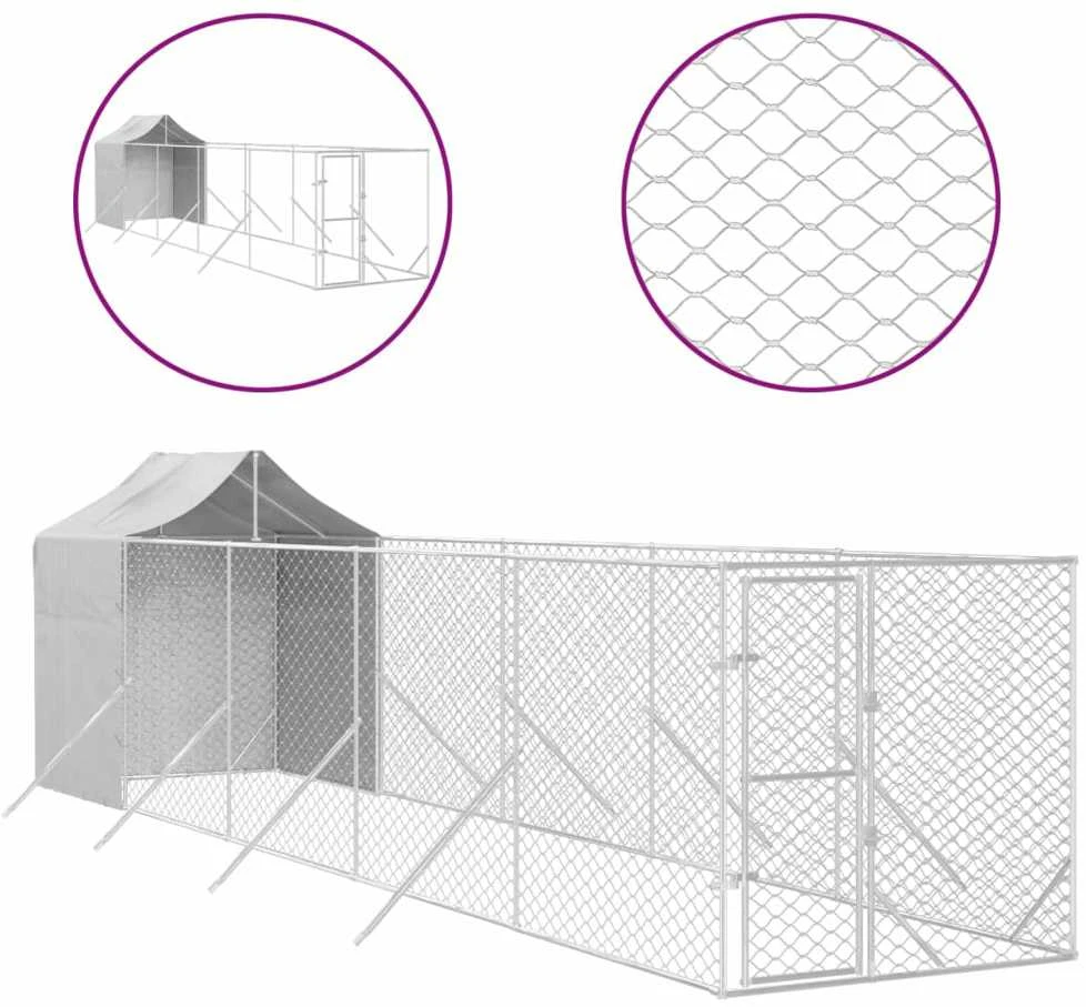 Lauko voljeras šunims su stogu, sidabrinis, 2x10x2,5m, plienas