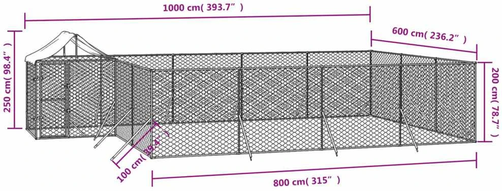Lauko voljeras šunims su stogu, sidabrinis, 10x6x2,5m, plienas