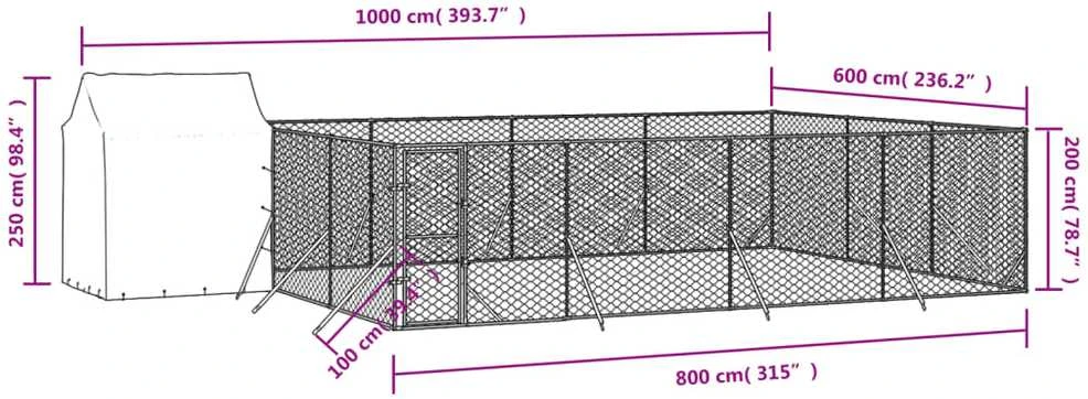 Lauko voljeras šunims su stogu, sidabrinis, 10x6x2,5m, plienas