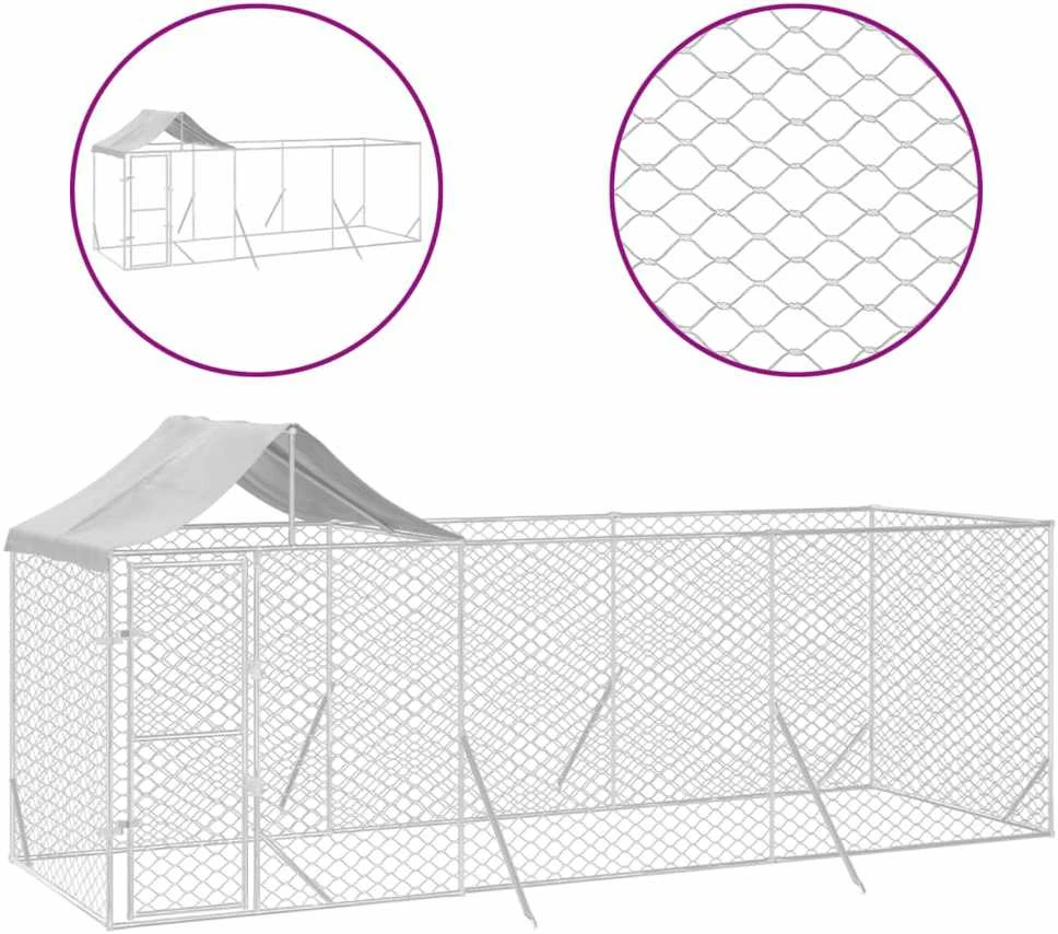 Lauko voljeras šunims su stogu, sidabrinis, 6x2x2,5m, plienas