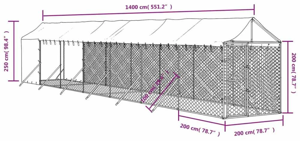 Lauko voljeras šunims su stogu, sidabrinis, 2x14x2,5m, plienas