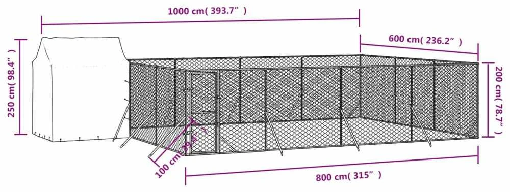 Lauko voljeras šunims su stogu, sidabrinis, 6x6x2,5m, plienas