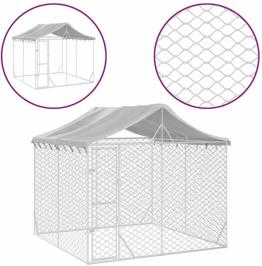 Lauko voljeras šunims su stogu, sidabrinis, 3x3x2,5m, plienas