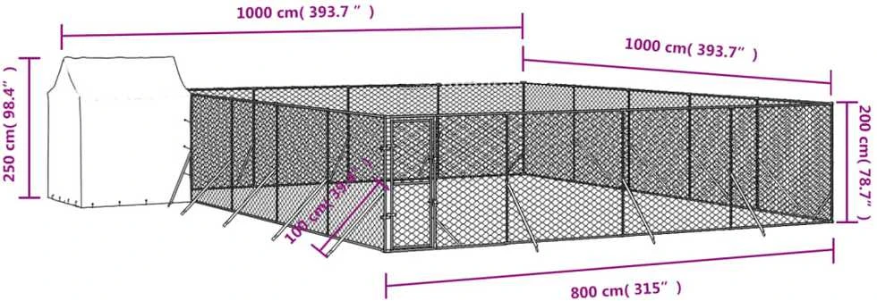 Lauko voljeras šunims su stogu, sidabrinis, 10x10x2,5m, plienas