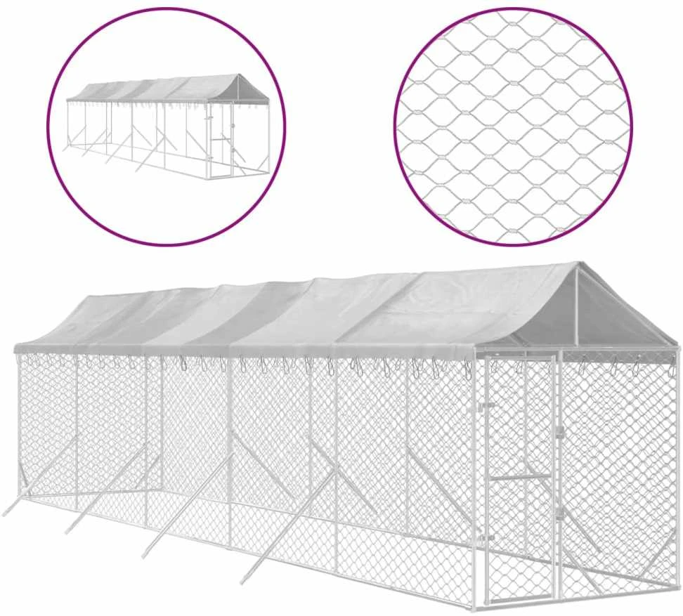 Lauko voljeras šunims su stogu, sidabrinis, 2x10x2,5m, plienas