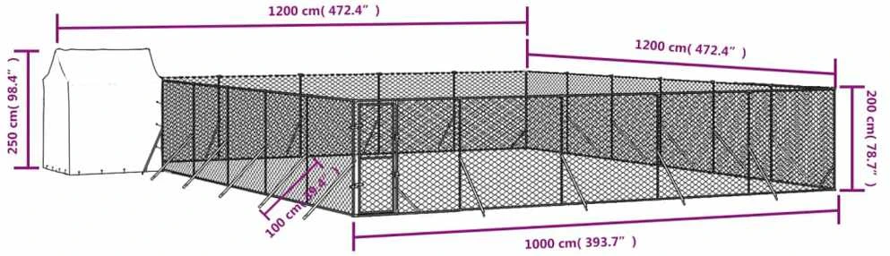 Lauko voljeras šunims su stogu, sidabrinis, 12x12x2,5m, plienas