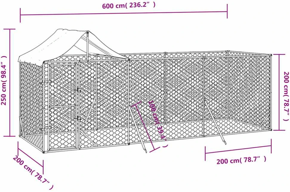 Lauko voljeras šunims su stogu, sidabrinis, 6x2x2,5m, plienas
