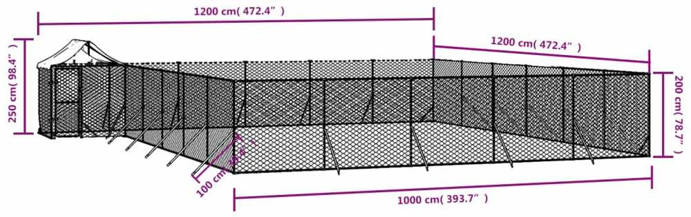 Lauko voljeras šunims su stogu, sidabrinis, 12x12x2,5m, plienas