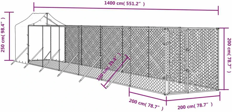 Lauko voljeras šunims su stogu, sidabrinis, 2x14x2,5m, plienas