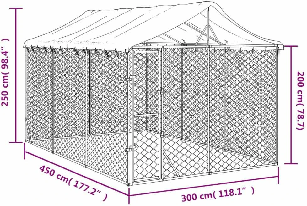 Lauko voljeras šunims su stogu, sidabrinis, 3x4,5x2,5m, plienas