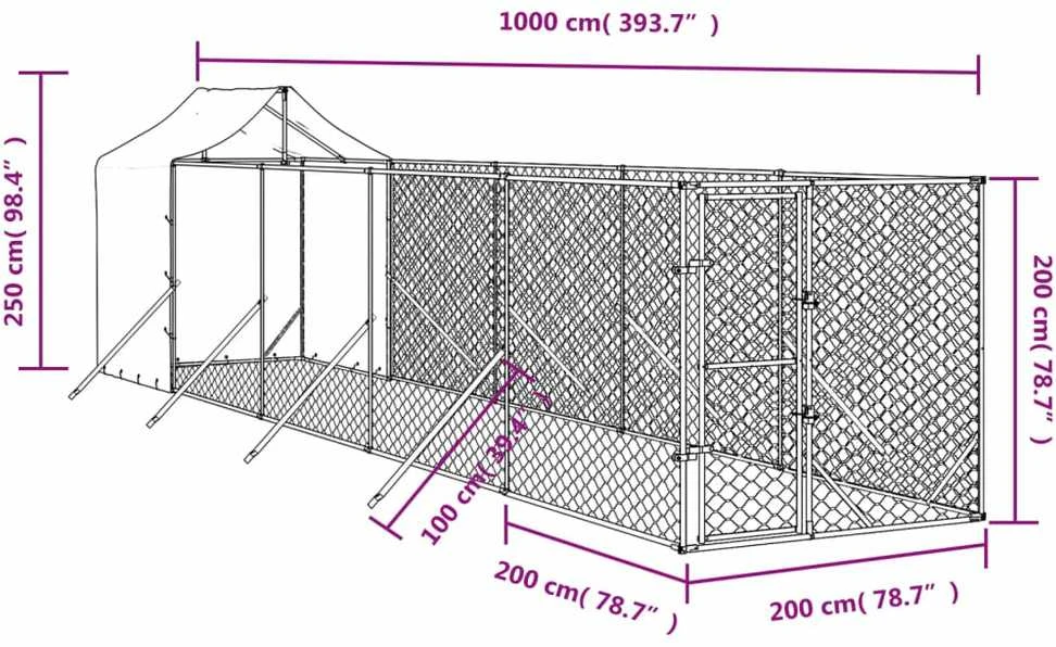 Lauko voljeras šunims su stogu, sidabrinis, 2x10x2,5m, plienas