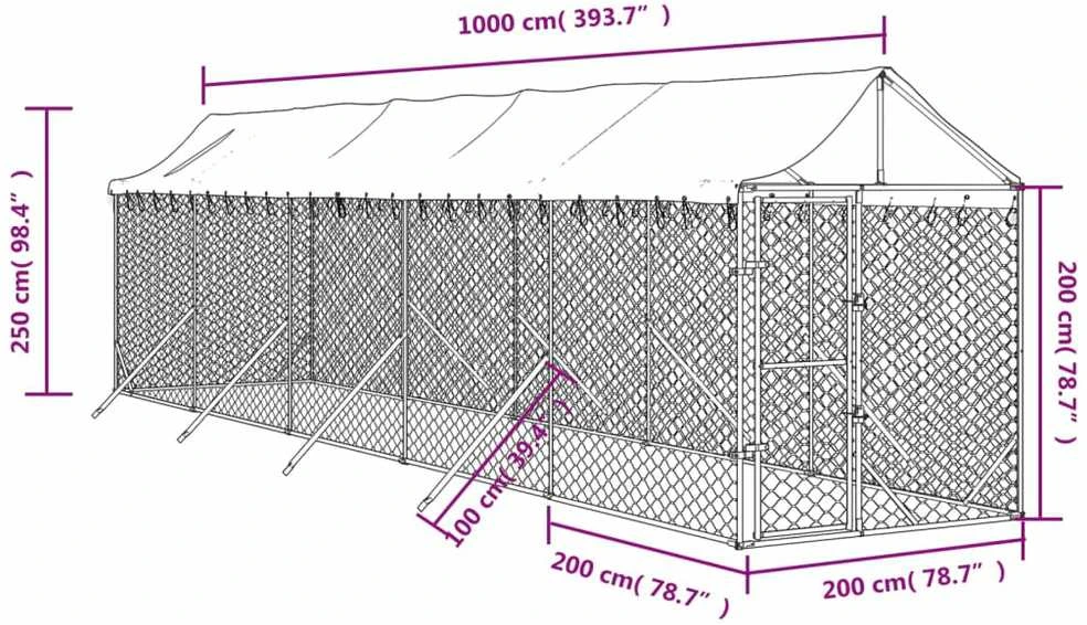 Lauko voljeras šunims su stogu, sidabrinis, 2x10x2,5m, plienas