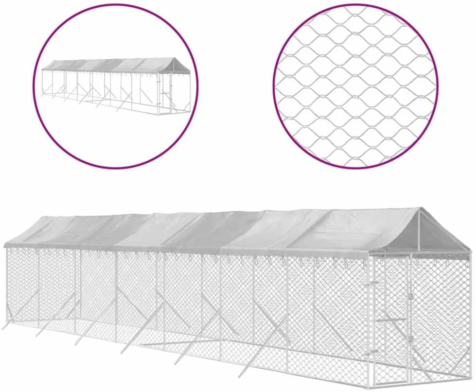 Lauko voljeras šunims su stogu, sidabrinis, 2x14x2,5m, plienas