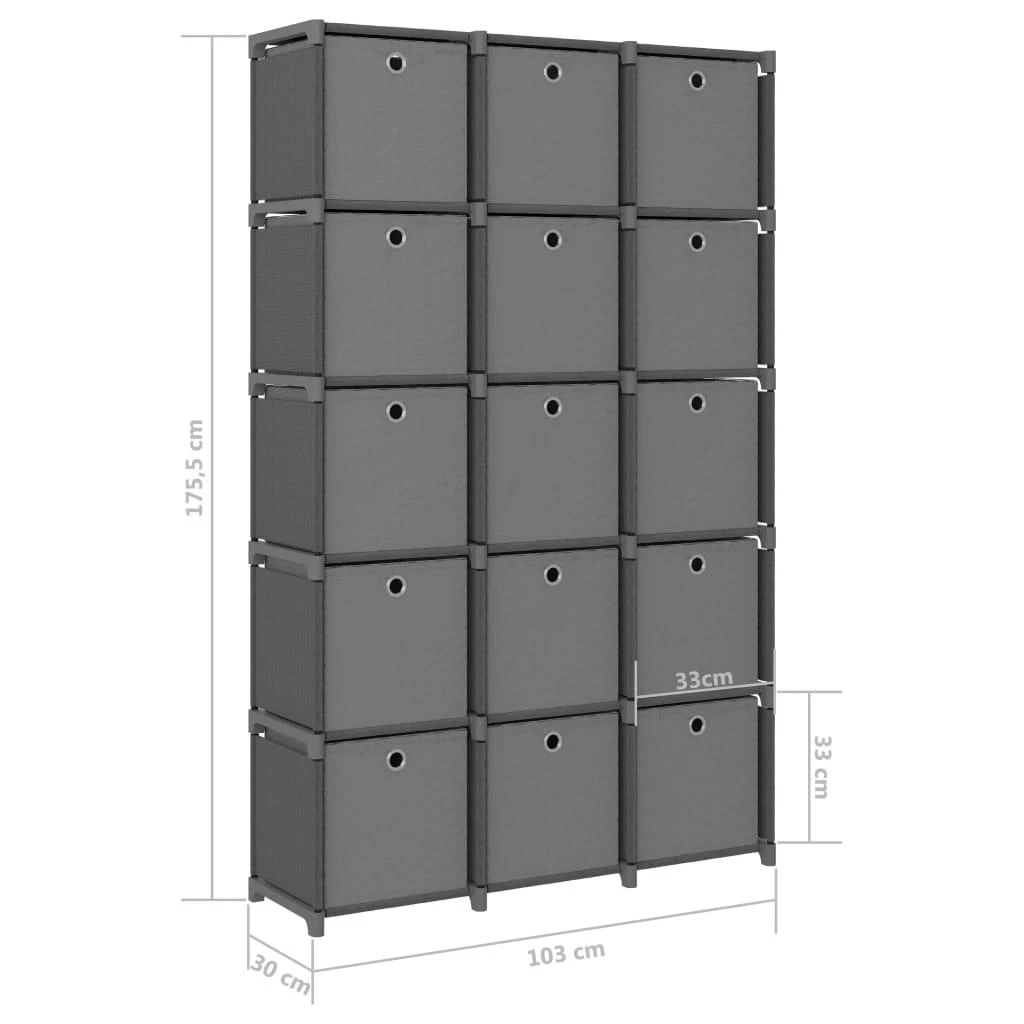 Lentyna su 15 dėžių, pilkos spalvos, 103x30x175,5cm, audinys