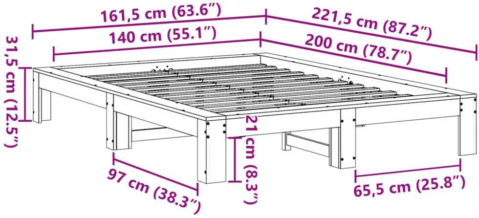 Lovos rėmas be čiužinio, baltas, 140x200cm, pušies masyvas