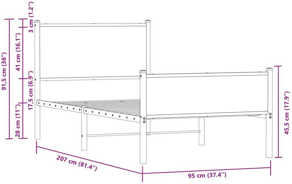 Lovos rėmas be čiužinio, dūminio ąžuolo, 90x200cm, metalas