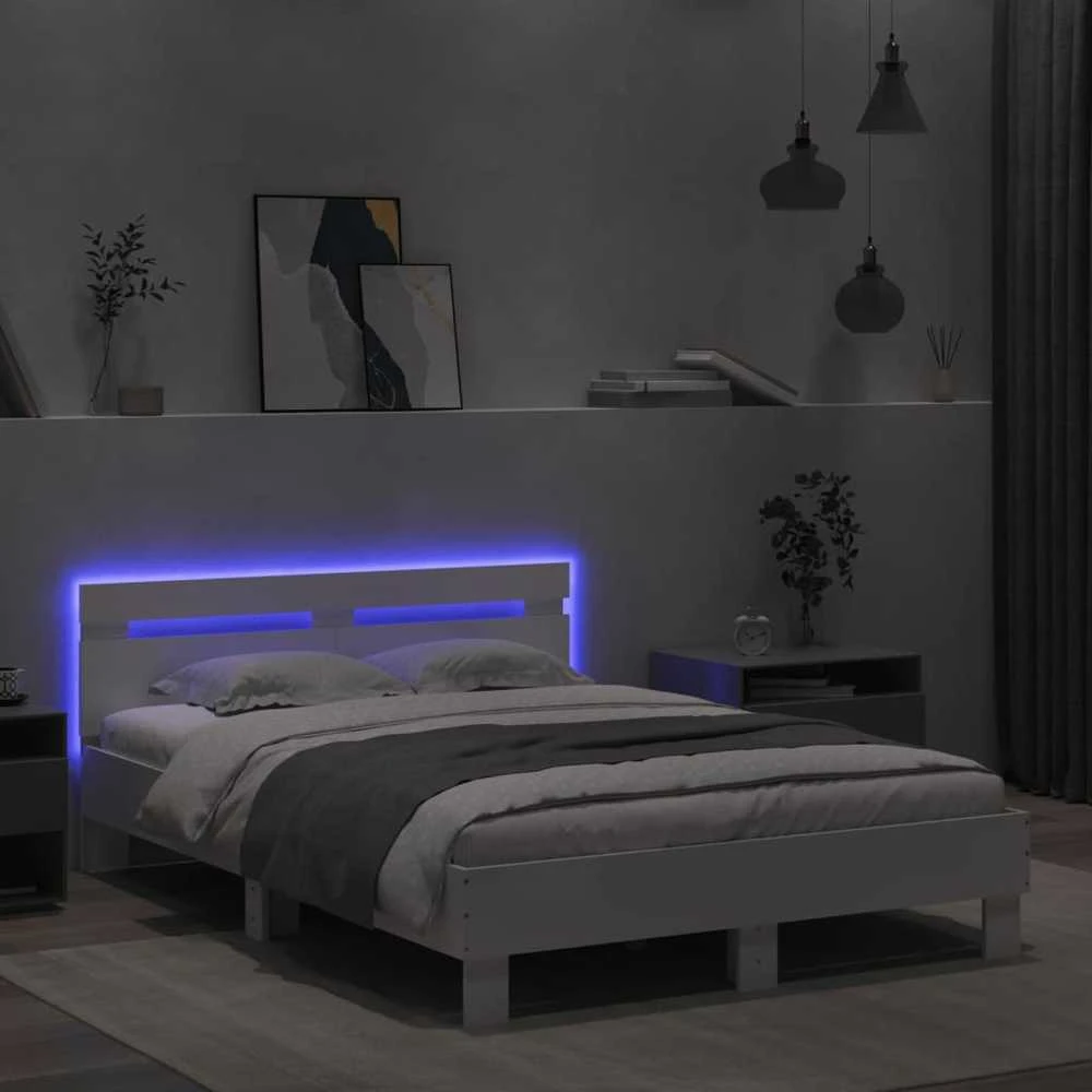 Lovos rėmas su galvūgaliu ir LED, baltos spalvos, 120x190cm
