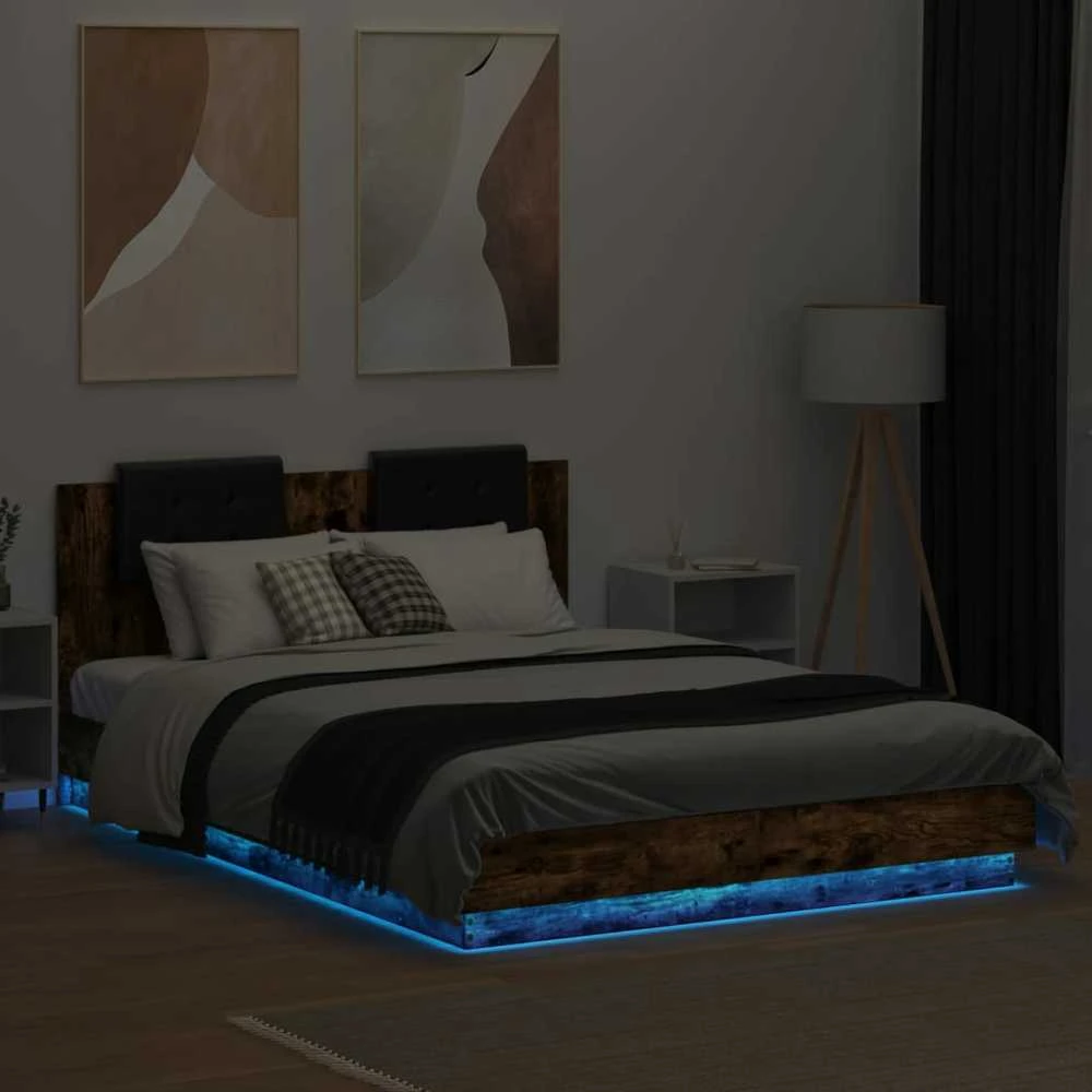 Lovos rėmas su galvūgaliu ir LED, dūminio ąžuolo, 150x200cm