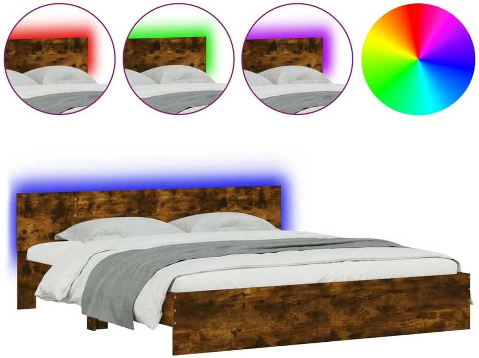 Lovos rėmas su galvūgaliu ir LED, dūminio ąžuolo, 200x200cm