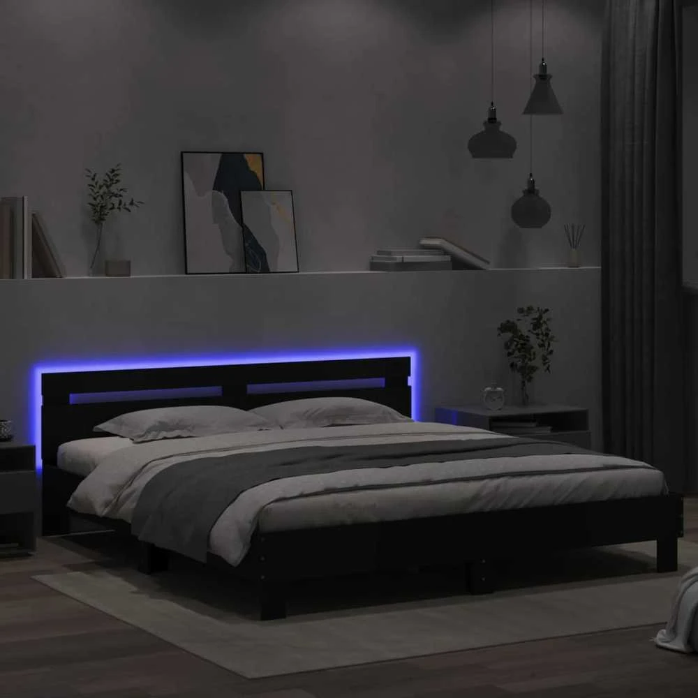 Lovos rėmas su galvūgaliu ir LED, juodos spalvos, 160x200cm