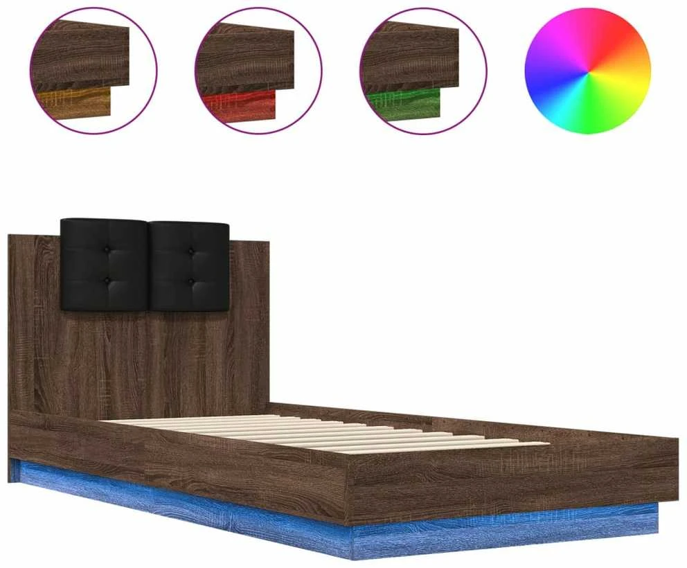 Lovos rėmas su galvūgaliu ir LED lemputėmis, rudas, 90x200cm