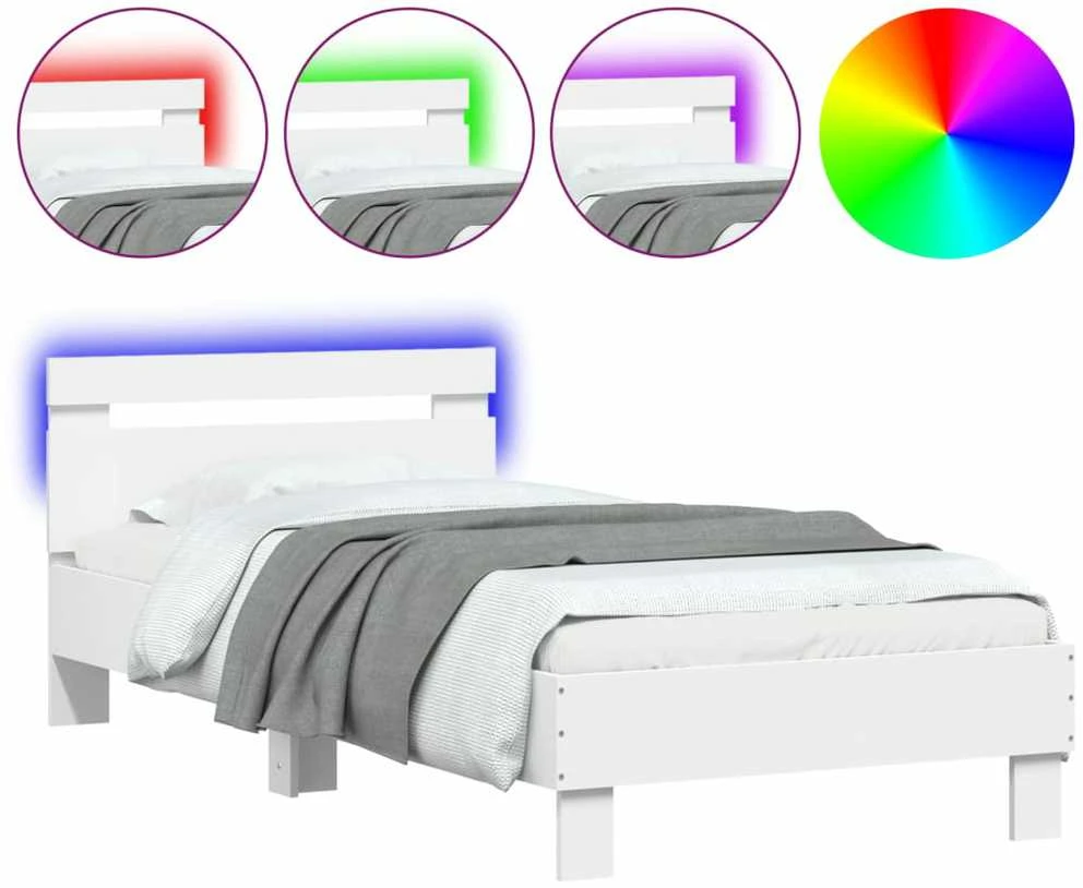 Lovos rėmas su galvūgaliu ir LED lemputėmis, baltas, 90x190cm